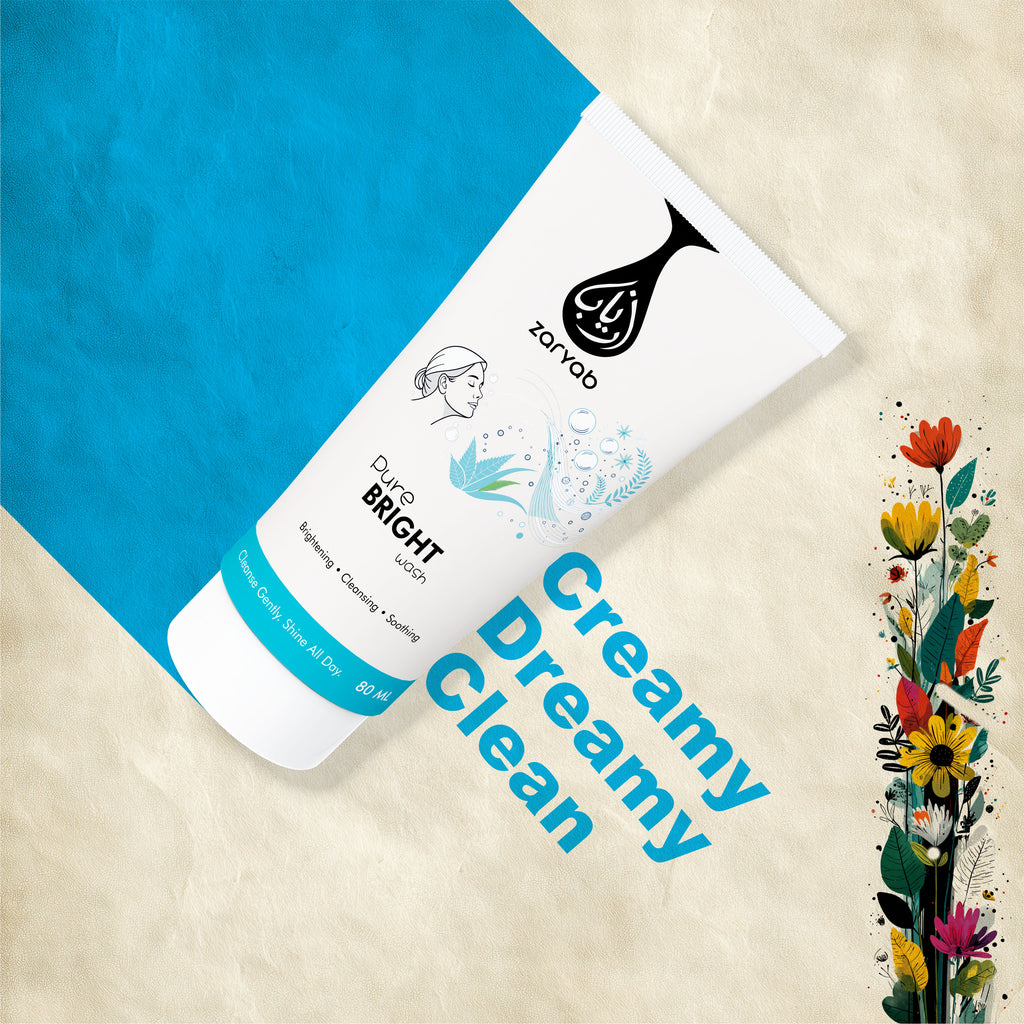 Front view of Zaryab Pure Bright Wash, 80ml brightening face cleanser bottle