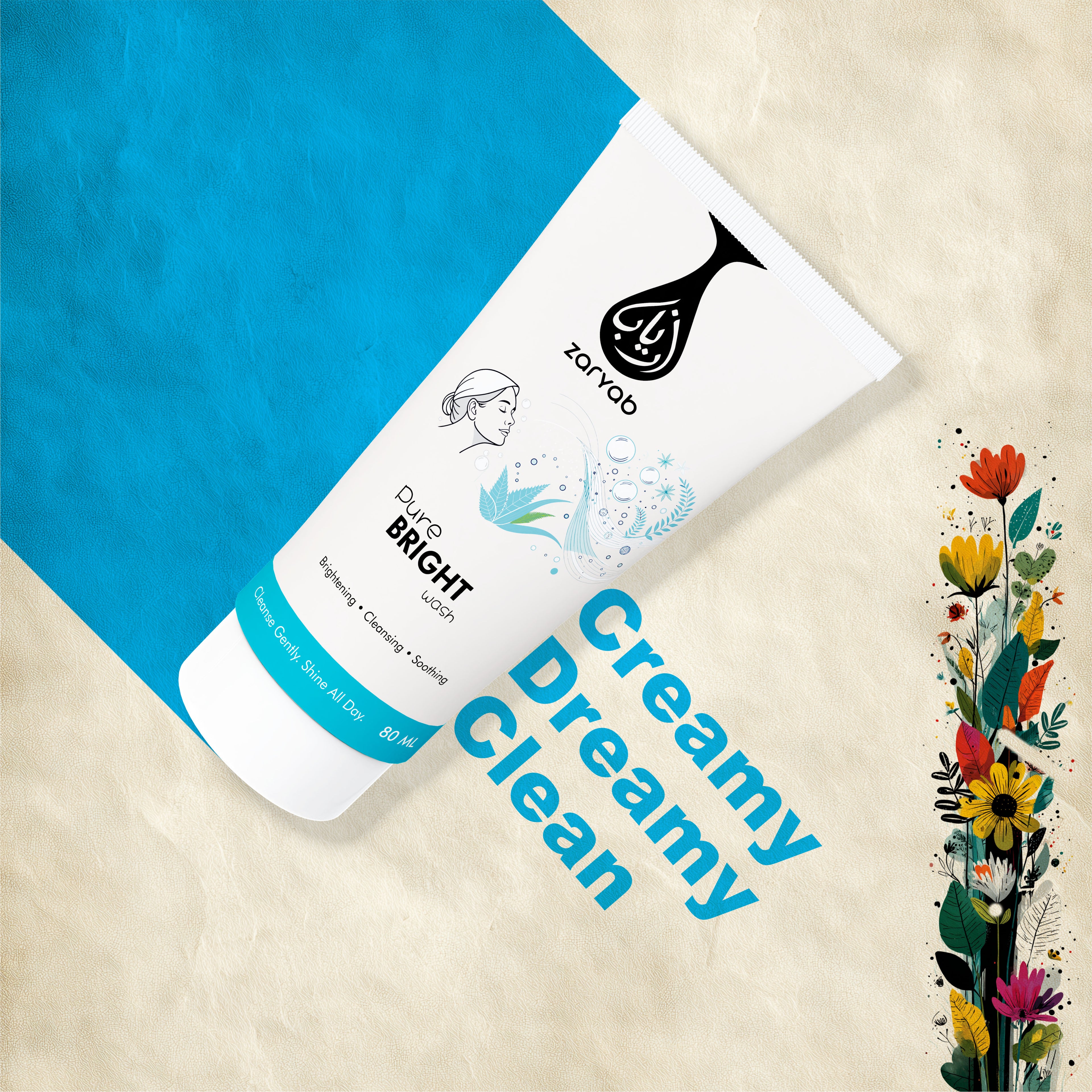 Front view of Zaryab Pure Bright Wash, 80ml brightening face cleanser bottle