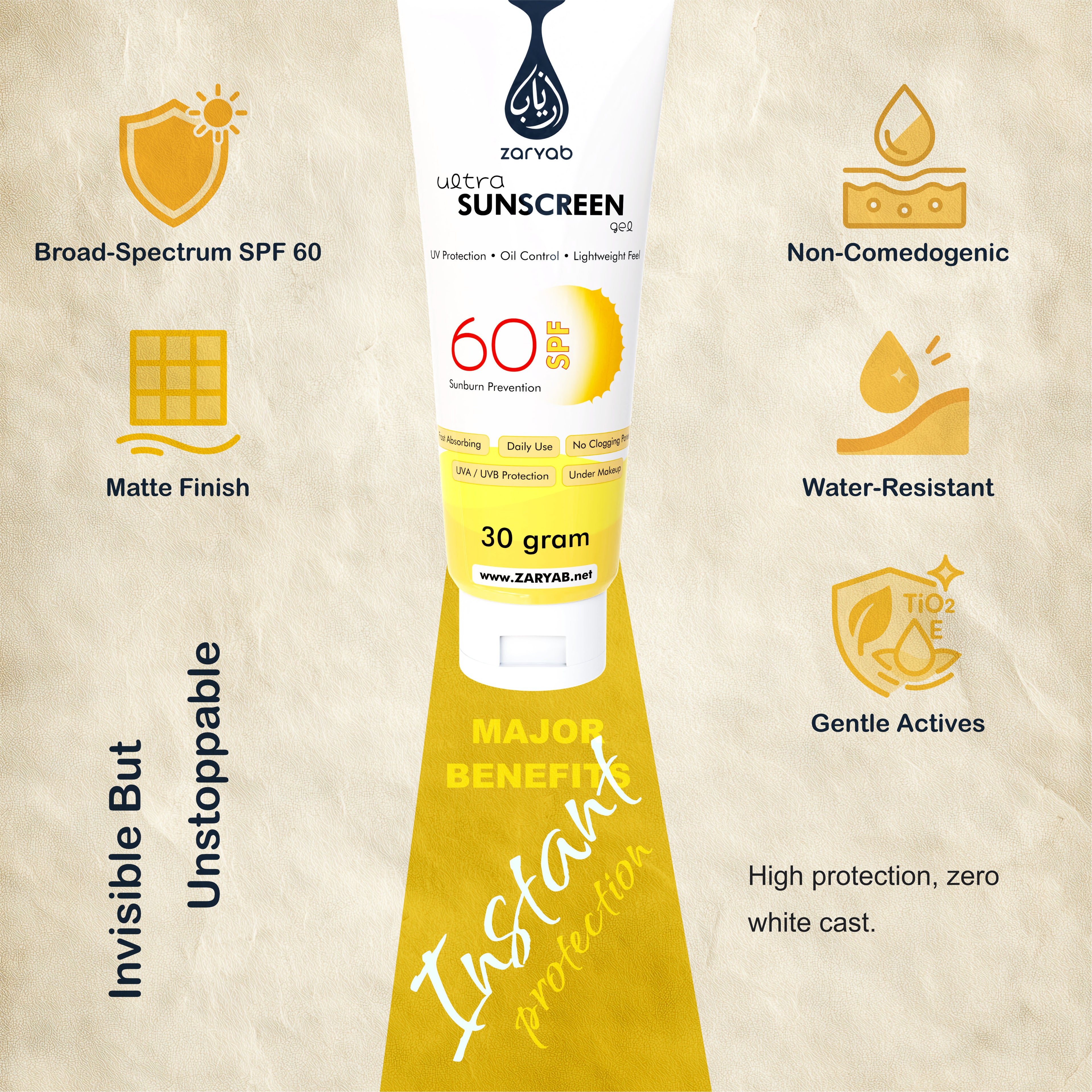 Benefits of Zaryab Sunscreen Gel including UV protection and matte finish